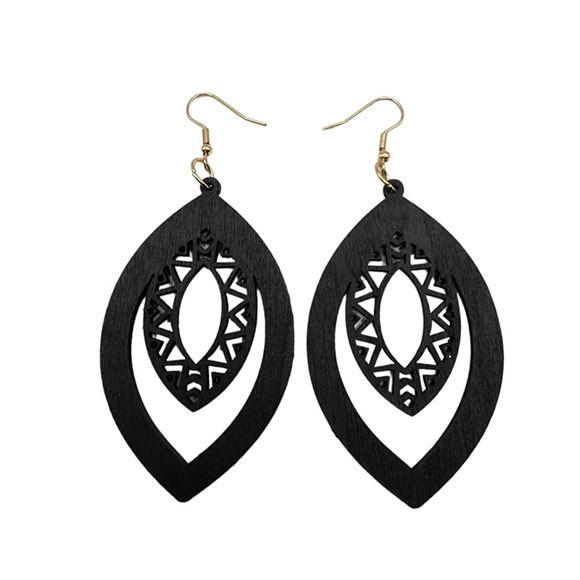 Hollow Cut Wood Bohemian Earrings Jewelry Teardrop Boho Style Black - Picture 3 of 4